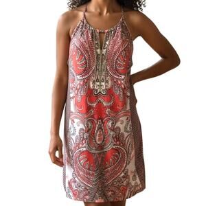 International Concepts Dress Coral/Gray/Wht Paisley Sleeveless Sz L